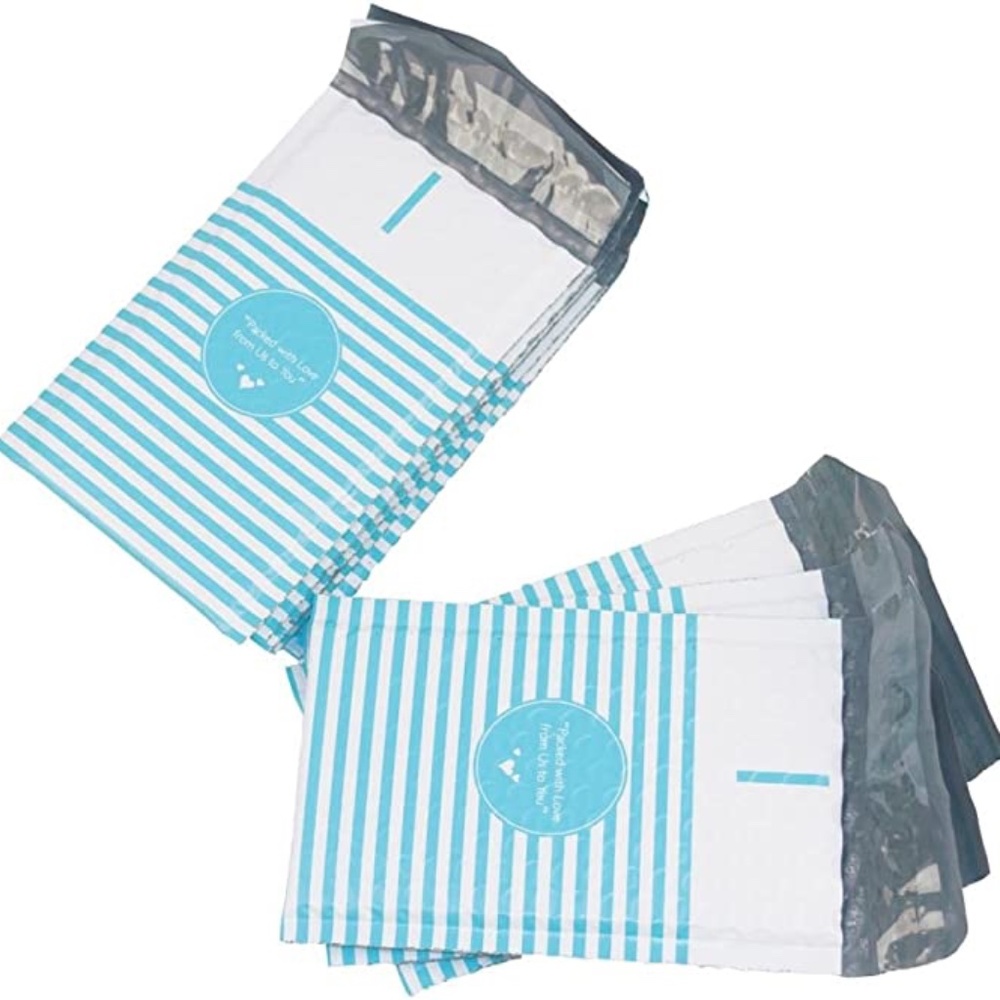 🆕 25 pcs Blue Stripe Bubble Mailers Envelopes with Bubbles 4x8 In. Inside